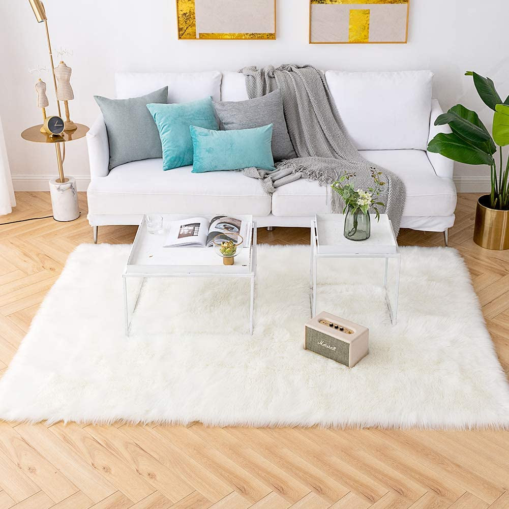 6X9 Area Rug - White Shaggy Faux Sheepskin Large Fluffy Carpet Non Slip Premium Soft Furry Floor Mat for Bedroom Living Room Nursery
