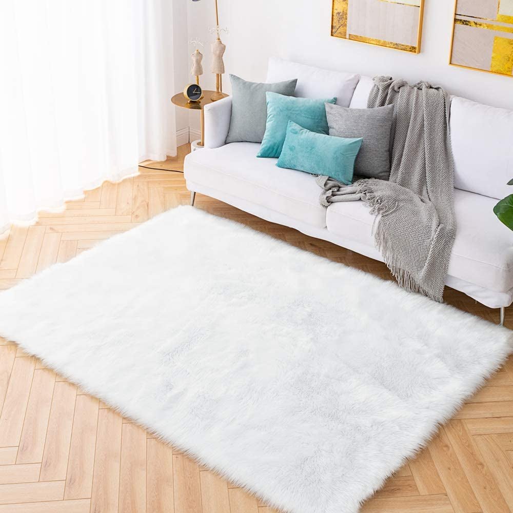 6X9 Area Rug - White Shaggy Faux Sheepskin Large Fluffy Carpet Non Slip Premium Soft Furry Floor Mat for Bedroom Living Room Nursery