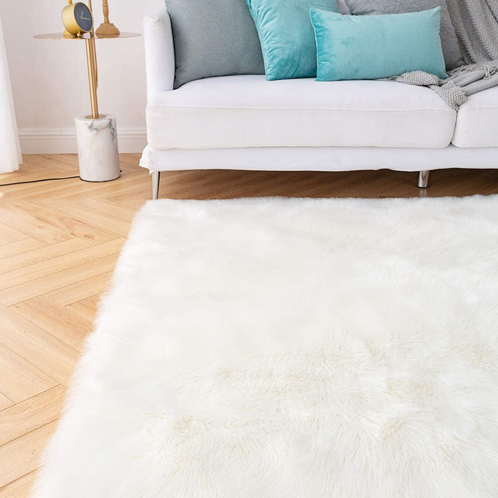 6X9 Area Rug - White Shaggy Faux Sheepskin Large Fluffy Carpet Non Slip Premium Soft Furry Floor Mat for Bedroom Living Room Nursery