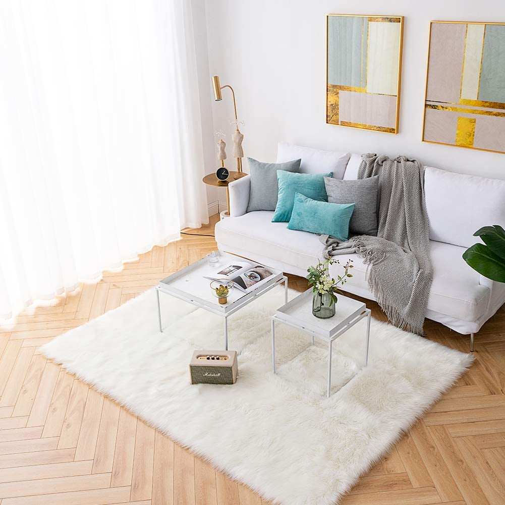 6X9 Area Rug - White Shaggy Faux Sheepskin Large Fluffy Carpet Non Slip Premium Soft Furry Floor Mat for Bedroom Living Room Nursery
